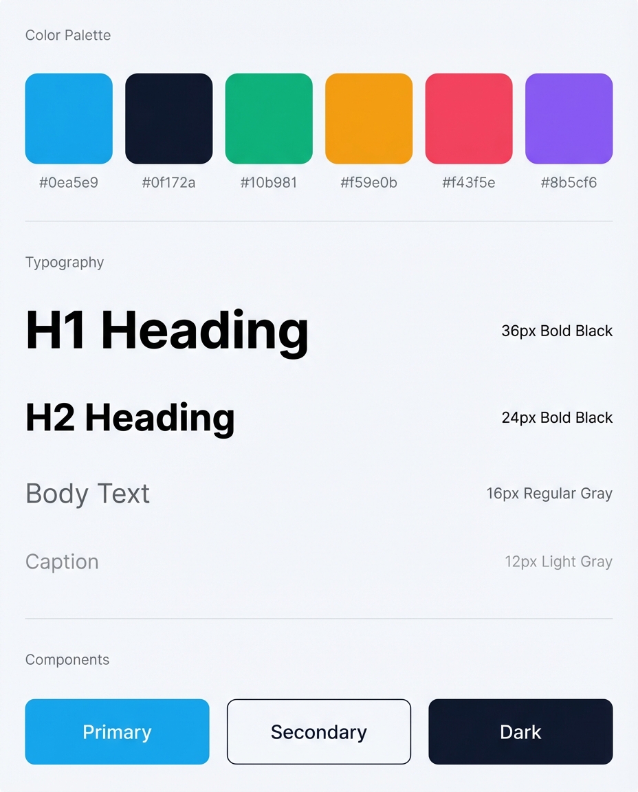Design System mockup showing color palette, typography scale, and components